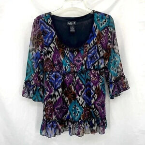 Ivy Chic 3/4 Sleeve Sheer Overlay Top M Black Purple Green Patterned Scoop Neck